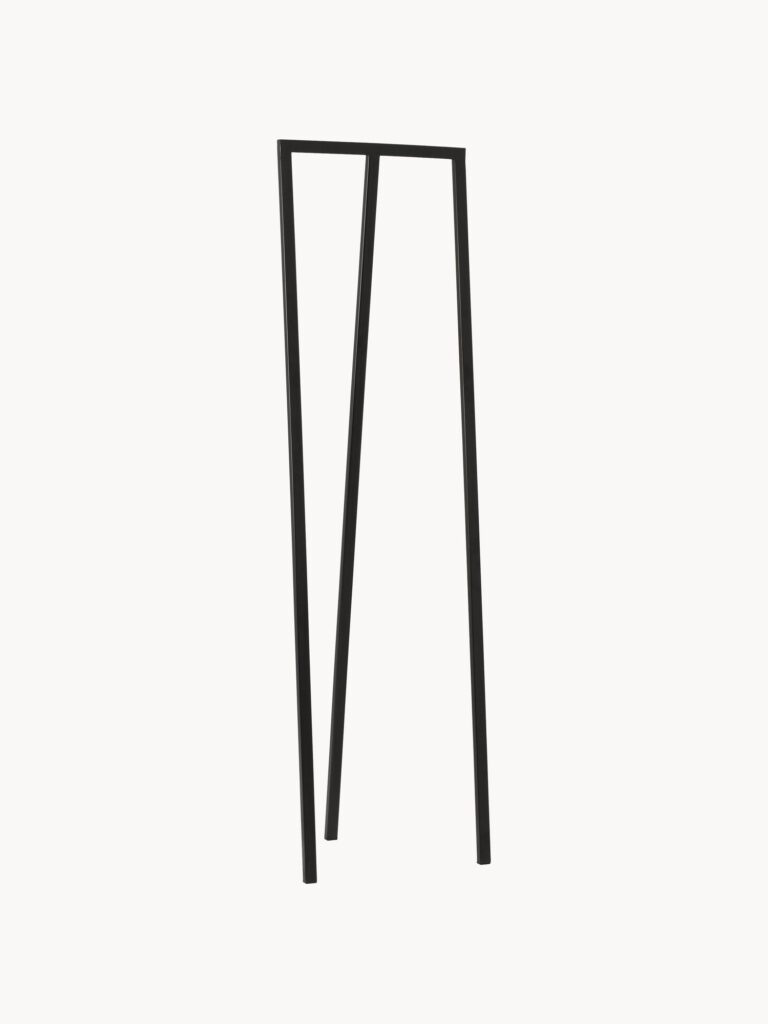 Minimalistinė juoda matinė metalinė kabykla Kaya, matoma iš priekio, su elegantišku dizainu ir tvirta konstrukcija, 50x173x40 cm.