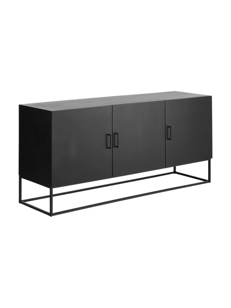 Juoda indauja su mango medienos masyvo durelėmis, trijų durelių dizainas, metalinis rėmas, 150x45x72 cm.