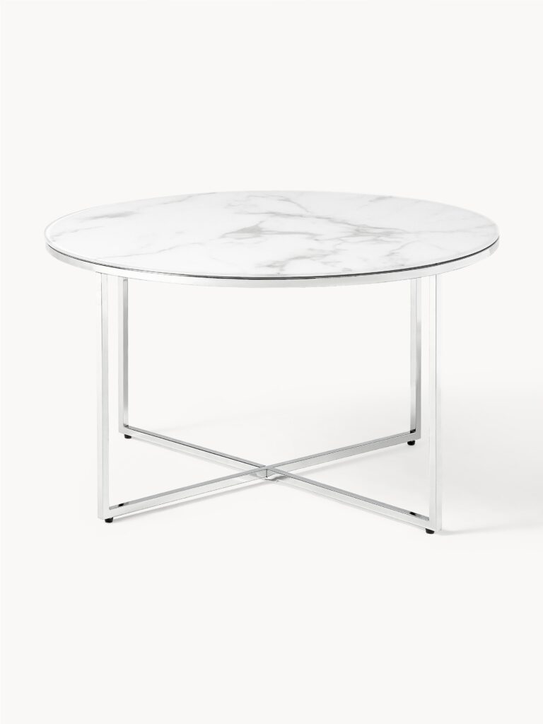 Apvalus kavos staliukas Antigua su baltu marmuro imitacijos stiklo stalviršiu ir sidabro spalvos metaliniu rėmu, Ø 78 cm.