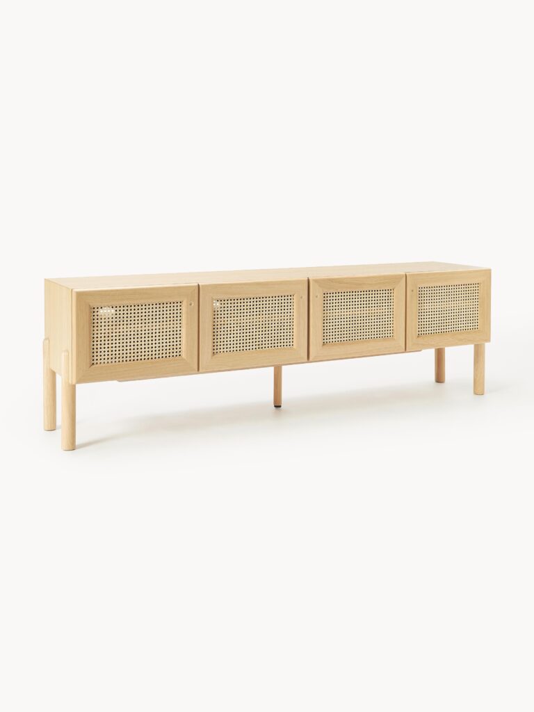 Šviesios ąžuolo medienos TV spintelė Jolie su Vienos pinučių durimis, minimalistinio dizaino, 180x55 cm.
