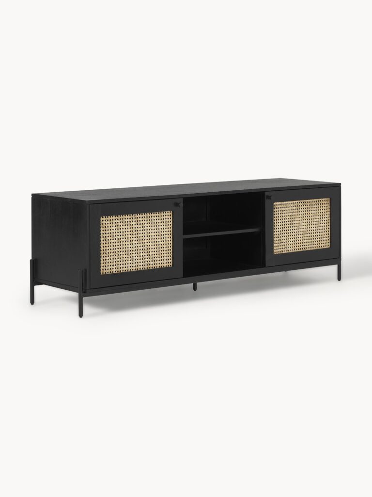 Juoda TV spintelė Vienna su natūralaus ratano durelėmis, 160x50 cm, moderniame minimalistiniame dizaine, balta fone.