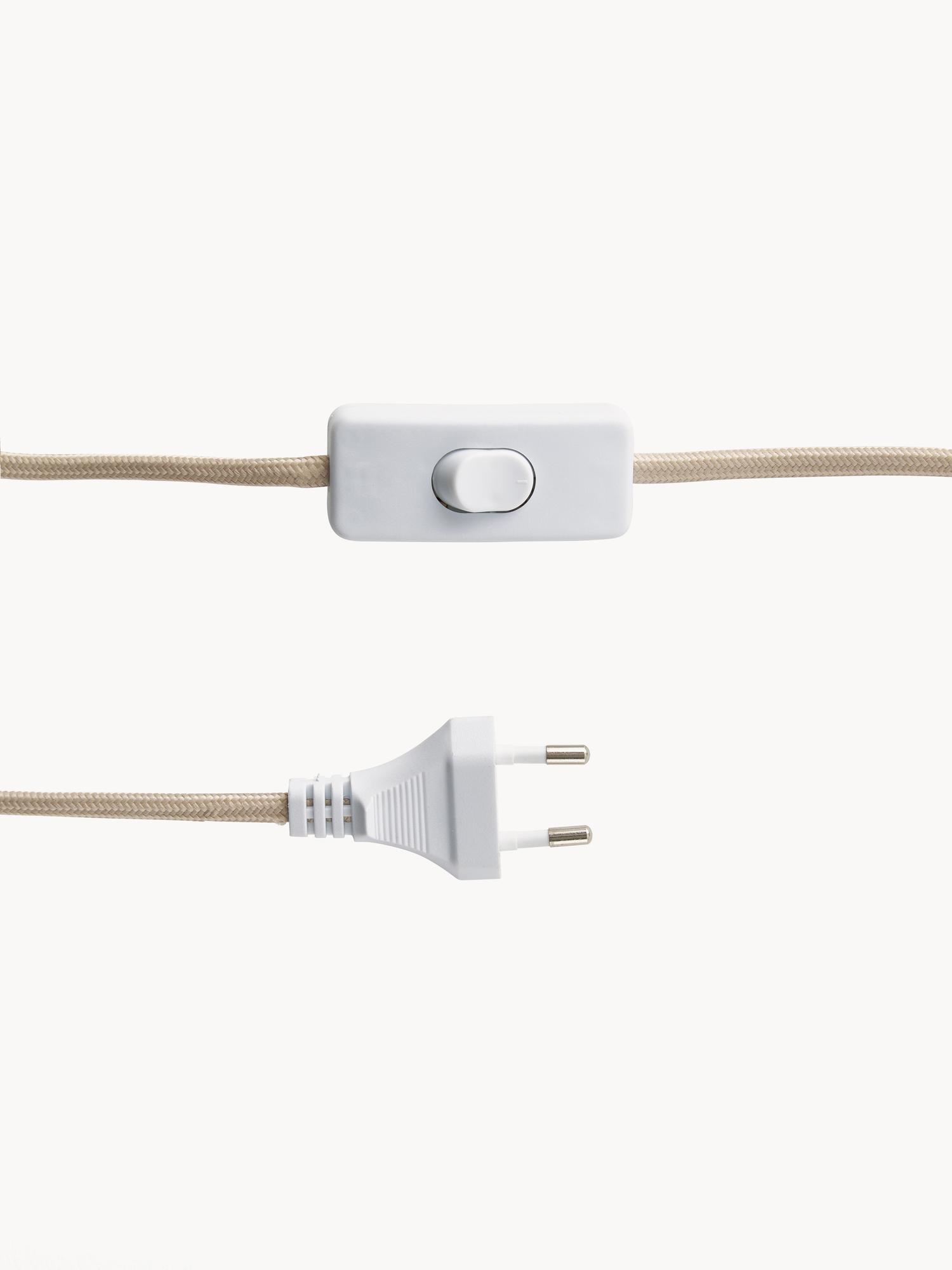 Šviesiai kreminės spalvos tekstilinis kabelis su jungikliu, sieninės lemputės Klea detalė.