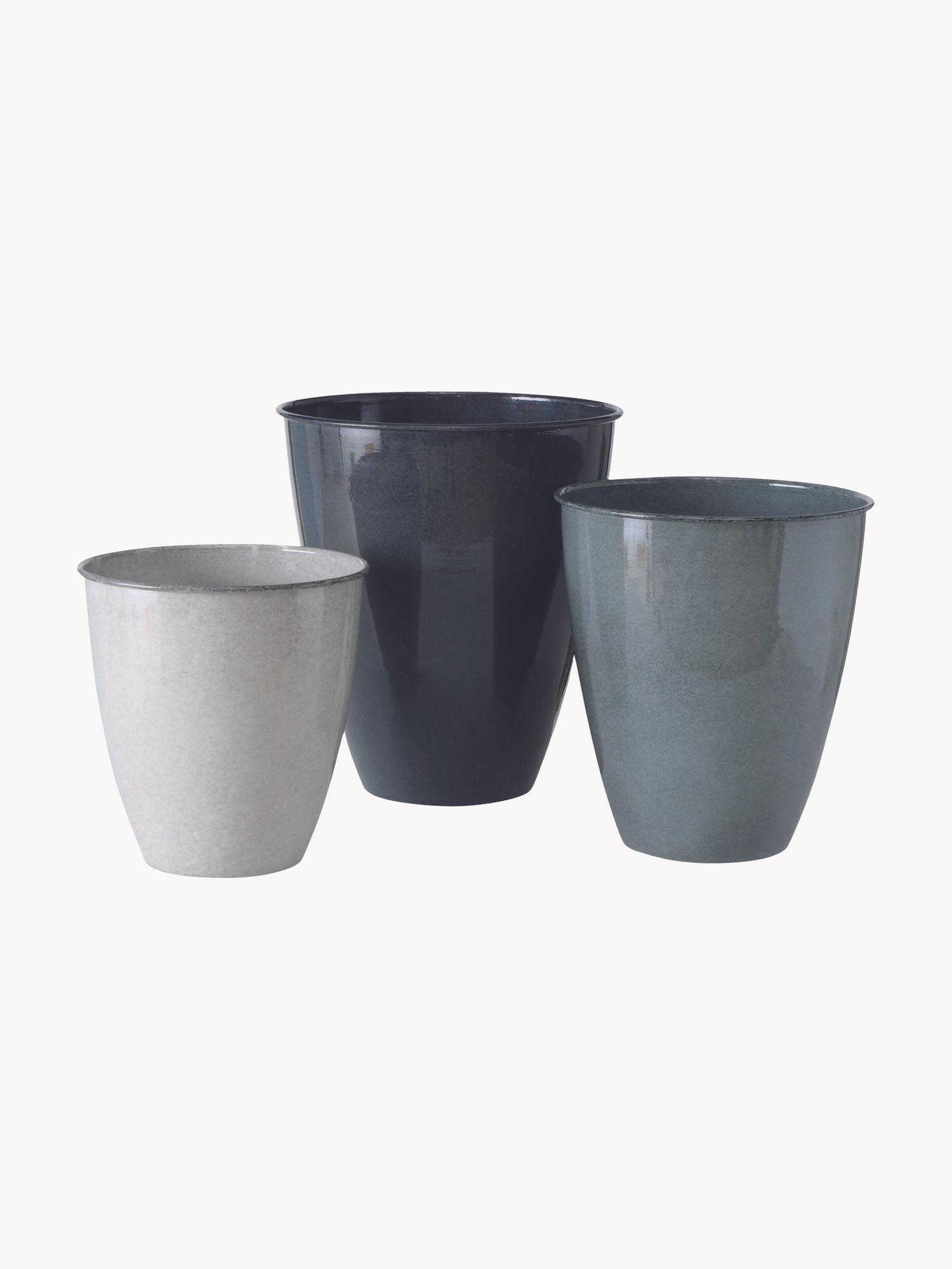 Metalinio vazonų rinkinio „Sakura“ tekstūra, žalia spalva, miltelinis padengimas.