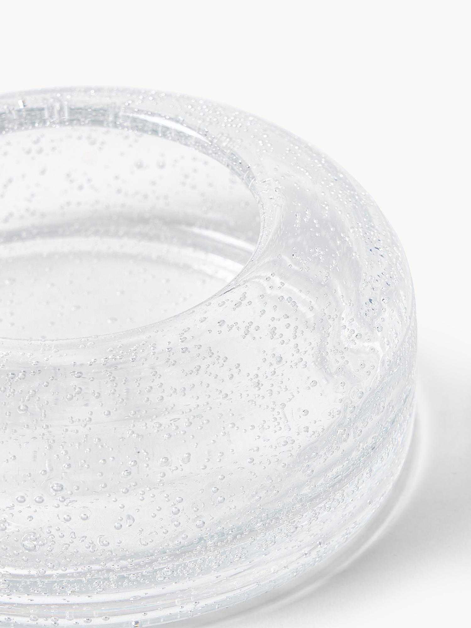 Skaidrus pūsto stiklo dekoratyvinis padėklukas Dylla su oro burbuliukais, detalus tekstūros vaizdas, Ø 12 cm, aukštis 5 cm.