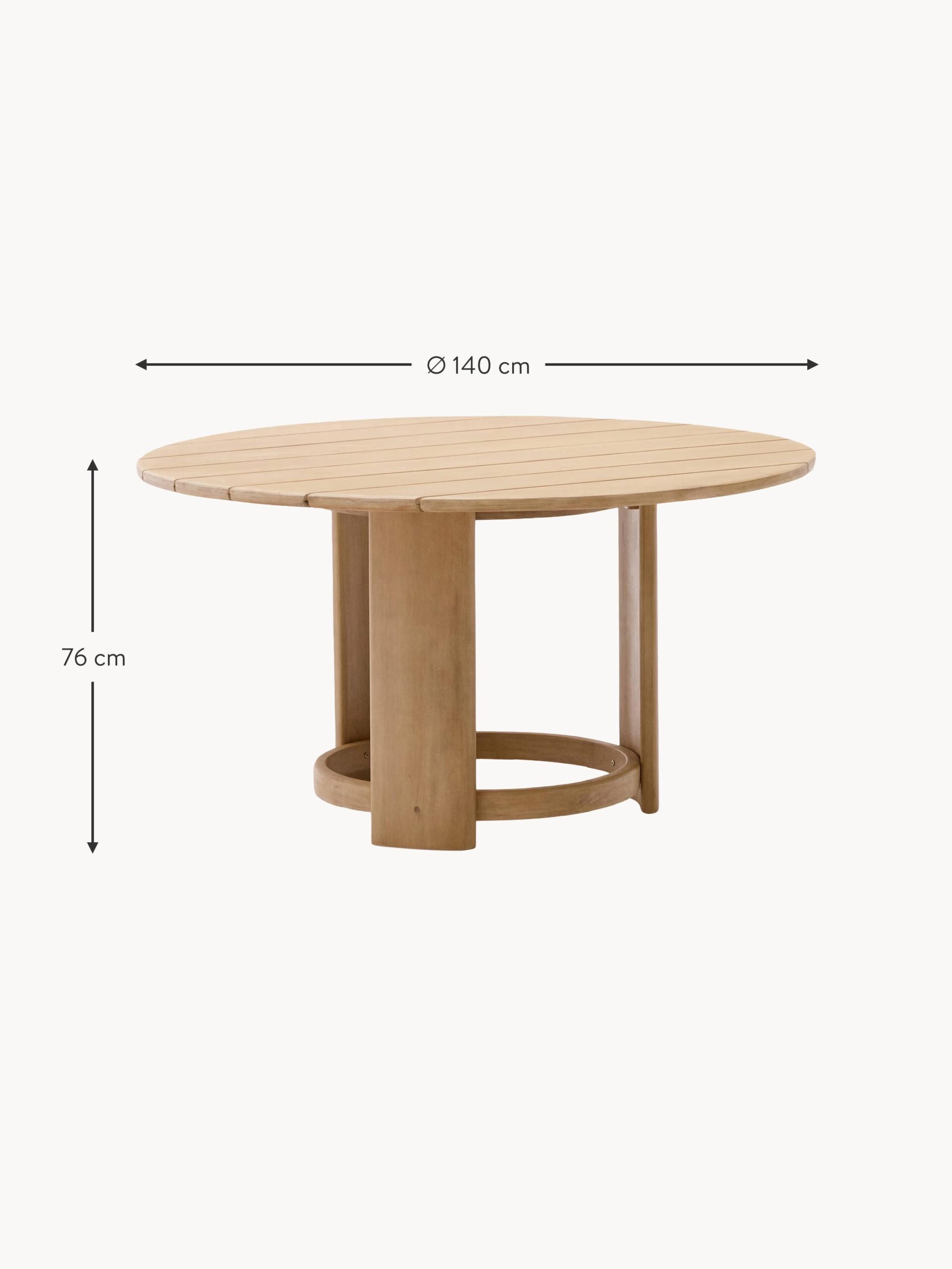 Apvalus eukaliptų medienos lauko stalas Xoriguer, Ø 140 cm, šviesios medienos spalvos, su masyviu pagrindu ir elegantišku dizainu.