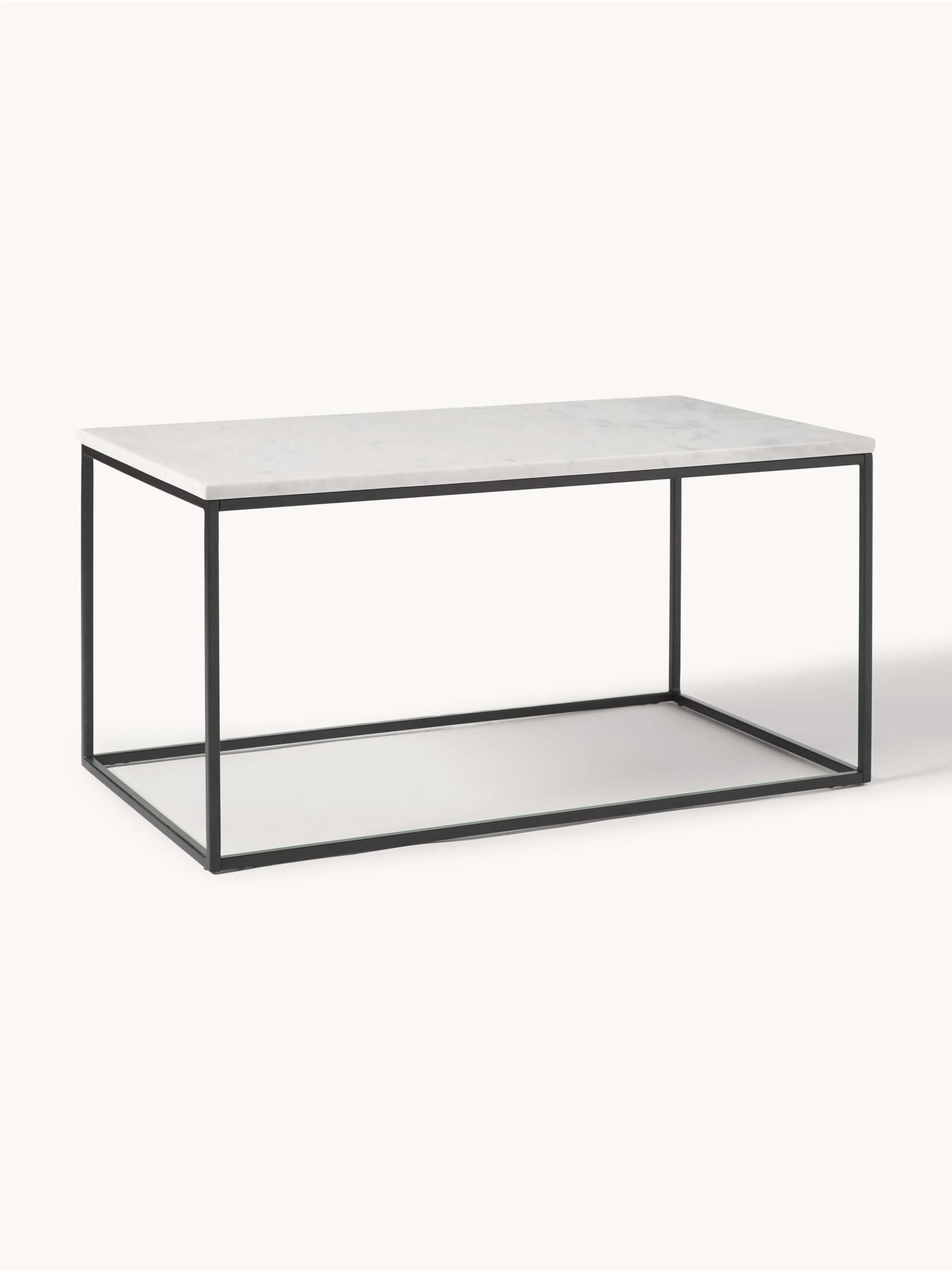 Marmurinis kavos staliukas Alys, 80x40 cm, su baltu blizgiu marmuro stalviršiu ir juodu matiniu metaliniu rėmu, minimalistinio dizaino.